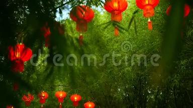 一排排<strong>中国</strong>传统风格的红灯笼挂在竹树隧道拱上。