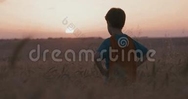 日落时分，穿着超级英雄斗篷的小男孩站在金色麦田里