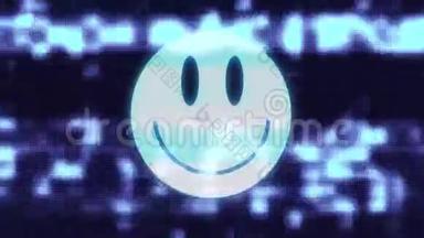 微笑脸符号在hud屏幕无缝环故障干扰动画新动态复古欢乐色彩复古