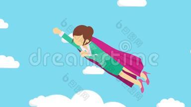 超级英雄女商人穿着西装披风飞行。 企业领导力和成功理念.. 循环动画的平面风格。