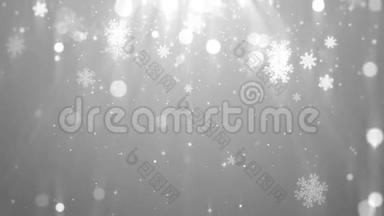 圣诞背景动画画面白色主题，闪烁的粒子雪花飘落，闪耀的灯光