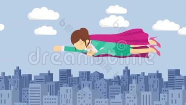 超级英雄女商人穿着西装披风飞行。 企业领导力和成功理念.. 循环动画的平面风格。
