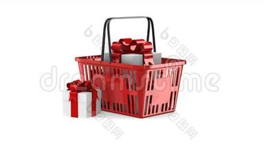 白色背景下红色购物篮中的礼品盒。 孤立的三维渲染