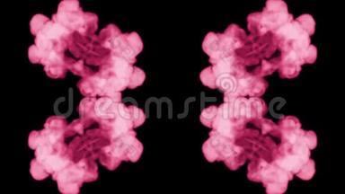 背景，如罗夏墨迹测试14。 荧光的粉红色墨水或烟雾，在黑色上缓慢地分离。 粉色水粉