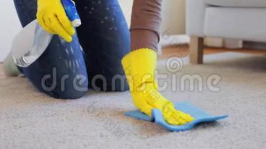 戴手套的女人用抹布清洗<strong>地毯</strong>或<strong>地毯</strong>