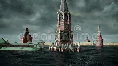 天启水景.. 城市洪水，俄罗斯红色广场。 暴风雨。 3D渲染