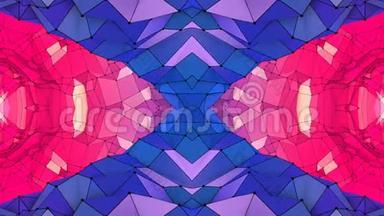 蓝色红慢多几何抽象背景作为移动彩色玻璃或万花筒效果在4k。 循环三维动画