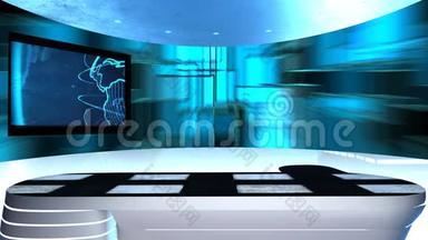 虚拟<strong>演播室</strong>，有一张桌子和两个电视屏幕。 虚拟电视工作室被<strong>设计</strong>成一个虚拟的背景