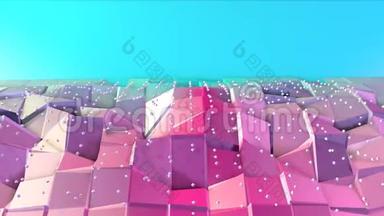 抽象简单的蓝色粉红色低聚三维表面和飞行白色晶体作为幻想背景。 软几何低聚