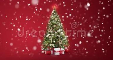 环视灯<strong>装饰圣诞</strong>树，<strong>红色背景</strong>上有礼品盒，雪花飘落时有文字空间放置