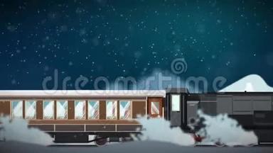 4k循环中圣诞<strong>交通</strong>理念中贯穿白雪皑皑冬景<strong>氛围</strong>的卡通列车无缝动画