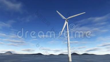 蓝天海洋中的动画风力涡轮机