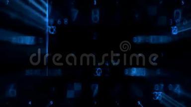 蓝色随机数字序列与光带背景动画。