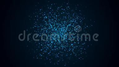 许多抽象的蓝色小粒子在空间中形成球形，计算机生成抽象背景，三维渲染