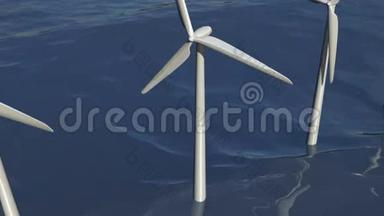海洋风力发电场的动画风力涡轮机