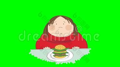 一个胖女人拿着汉堡包坐在快餐里，试图决定吃不吃，动画手绘ca