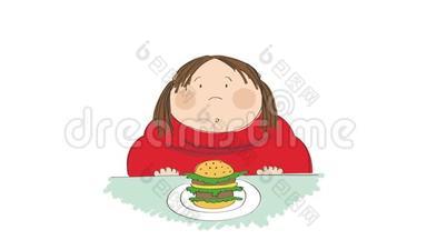 一个胖<strong>女人拿</strong>着汉堡<strong>包</strong>坐在快餐里，试图决定吃不吃，动画手绘ca