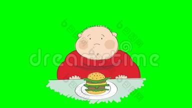 一个胖子拿着<strong>汉堡</strong>坐在快餐里，试图决定吃不吃，动画<strong>手绘</strong>手推车