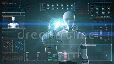 机器人触摸数字屏幕，人形，扫描脑在数字显示仪表板。 X光透视