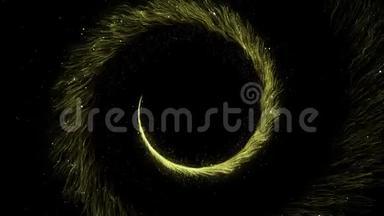 黑色背景上闪闪发光的尘埃颗粒的金色螺旋轨迹。 扭曲的魔法彗星尾巴。 金色旋转旋转飞行