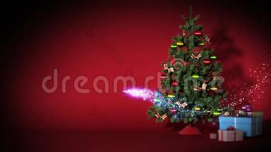 美丽的圣诞树，有礼物和礼物。 圣诞夜魔术。 明亮的灯光闪烁。 <strong>高清</strong>1080。 加载3d动画