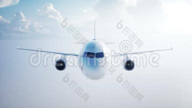 乘客飞行飞机动画。 日光，云彩.. 飞机的凝结痕迹 现实的4k动画。