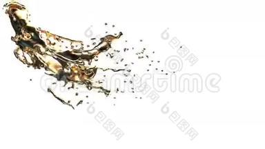 液体黄金环的三维动画。 液体飞来飞去。 运动图形的元素7。 孤立于白色背景