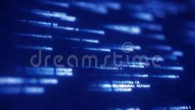 计算机屏幕上闪烁的蓝色十六进制符号。 循环三维动画