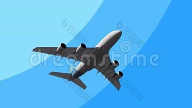 世界上最大的客机在天空中飞行4K3D卡通动画。 交通、超重、旅行概念