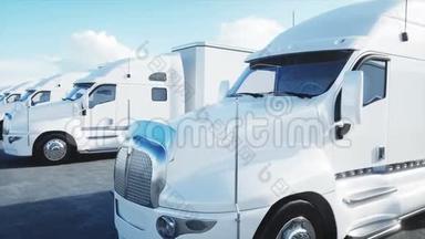 物流中心与白色3D<strong>模型</strong>的卡车。 物流、运输和商业概念。 真实电影4K