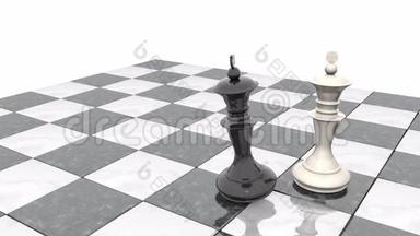 三维动画：两个国际象棋人物在运动场上。 白王是胜利者，是失败者，黑谎躺在他脚下。 坠落坠落