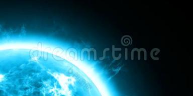 用浅<strong>蓝色</strong>渲染球形行星的CGI动画爆发能量。