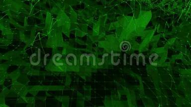 深绿色低聚波面作为梦幻景观。 深绿色多边形几何振动环境或