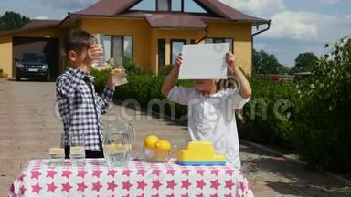 两个小孩在阳光明媚的日子里在自制的柠檬水摊上卖柠檬水，上面写着一个企业家的价格标志