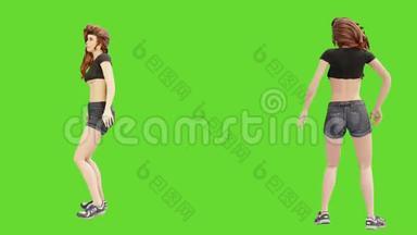 一个年轻漂亮的女人从事体育锻炼。 绿色<strong>屏</strong>幕前健康概念3D动画。