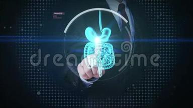 商人触摸数字屏幕，缩放身体扫描内脏，数字显示中的消化系统。 蓝色X射线视图。