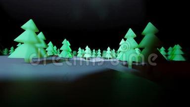 三维渲染背景夜针叶林的卡<strong>通风</strong>格，如玩具。 夜晚的许<strong>多</strong>圣诞树
