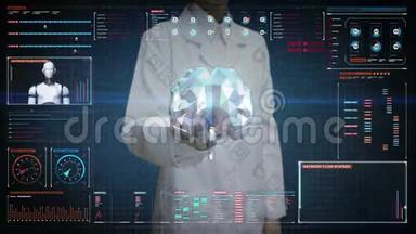女医生触摸屏幕，大脑在数字显示仪表板上连接数字线路，扩大人工智能