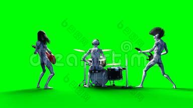 有趣的外星摇滚乐队。 低音，鼓，吉他。 现实运动和皮肤着色器。 4K绿屏镜头..