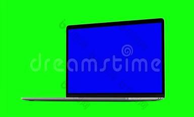 4K视频。 笔记本电脑笔记本打开与蓝色屏幕.