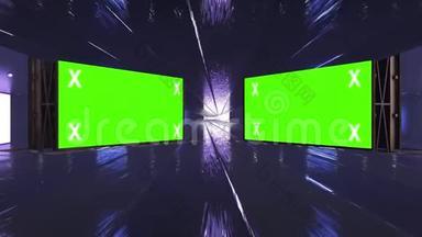 抽象创意金属舞台和LED，霓虹灯空白广告牌，边框。 <strong>广告视频</strong>模拟，绿色屏幕阿尔法频道