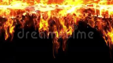抽象防火幕墙从天空燃烧，火焰火花和灰落在黑色孤立的背景图案4k超