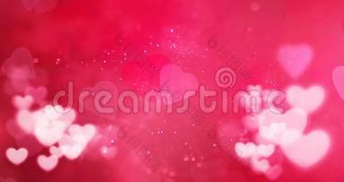 红白相间的心在粉红色的心形背景上闪闪发光，颗粒闪闪发光，情人节爱<strong>情节</strong>日活动