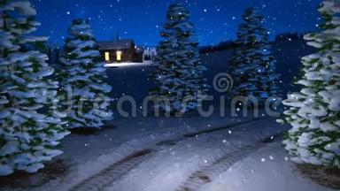 动画神奇的冬季降雪夜景与雪的草地和小屋。 3D渲染。 无缝回路