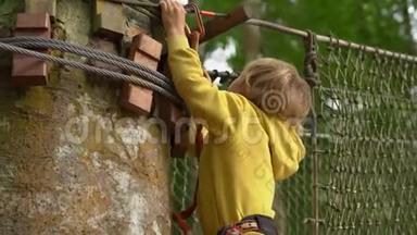 一个戴安全带的小男孩在森林探险公园的树梢上攀爬。他在高绳道上攀爬