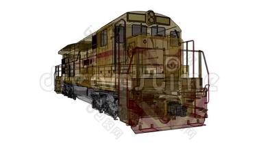 现代柴油铁路机车，具有巨大的动力和力量，可移动长、重铁路列车。 3D视频