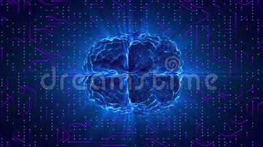 蓝色发光的<strong>大脑</strong>连接在神经表面或电子导体上。 人工<strong>智能</strong>AI与高科技理念..