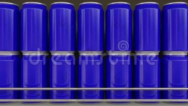 超市里一排排蓝色的罐子。 杂货店货架上的软饮料或啤酒。 现代回收包装。 4K无缝