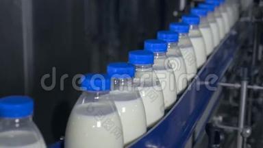 奶厂。 牛奶瓶在工业传送带上移动。