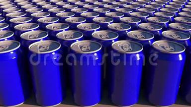 一排排蓝色<strong>铝</strong>罐在<strong>工厂</strong>。 软饮料或啤酒<strong>生产</strong>。 现代回收包装。 4K无缝环
